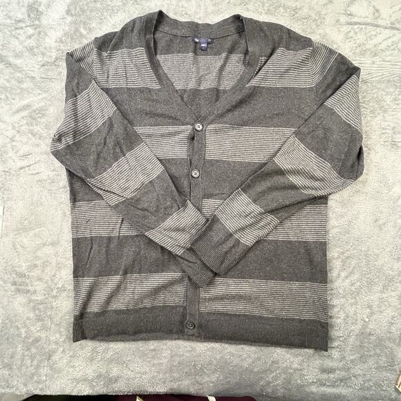 Gap Sweater Mens Large Cardigan Two Tone Gray Stripes Grandpa Mr Rogers Cosby - Picture 1 of 6